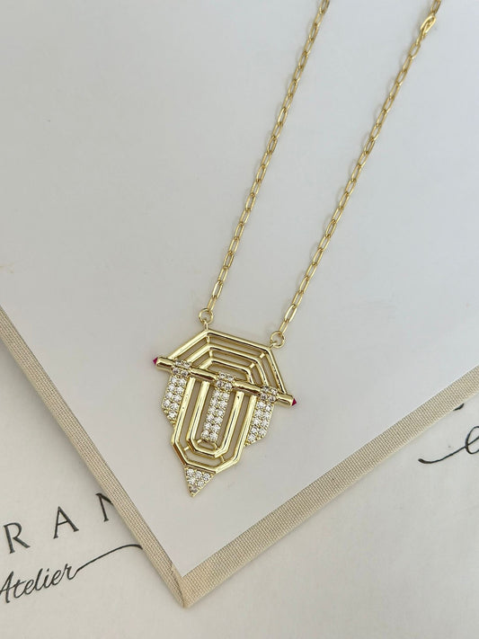 Leyla Üçgen Model Büyük Pembe Detay Kolye | 7