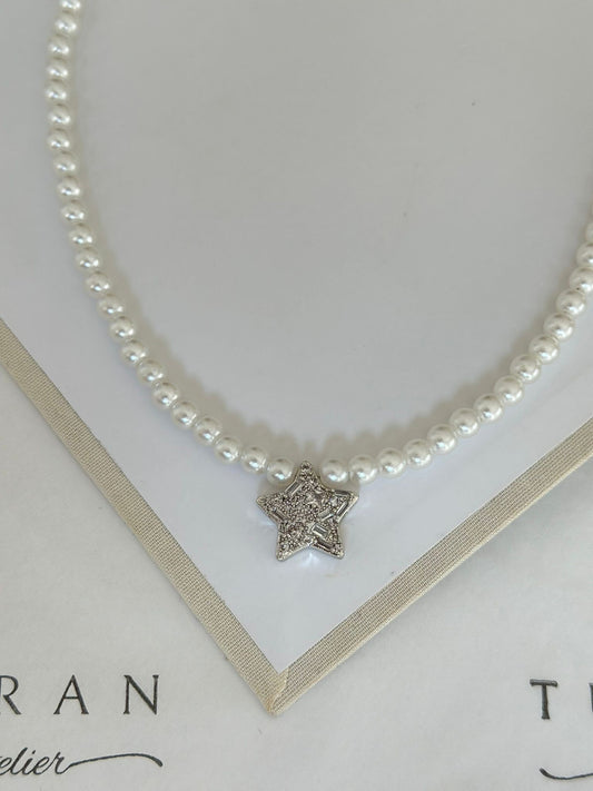 Zirkon yıldız detay inci kolye