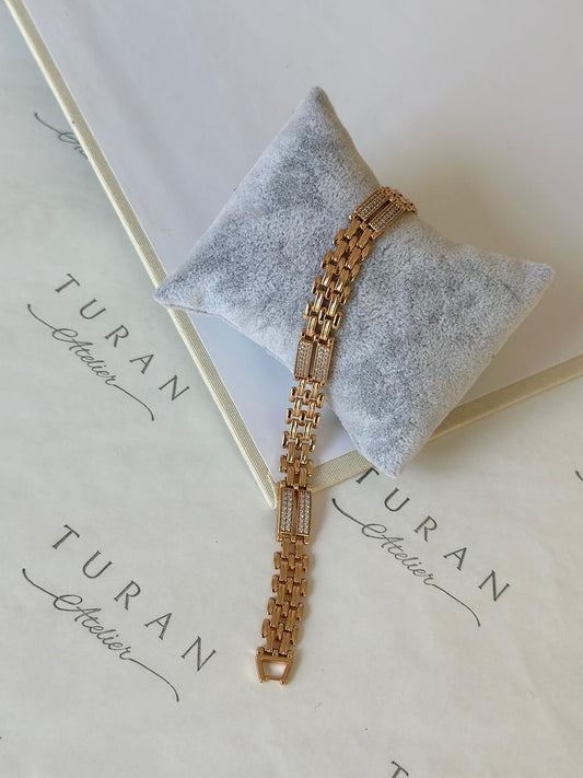Vintage Yatay Sıra Taşlı Bronz Gold Bileklik