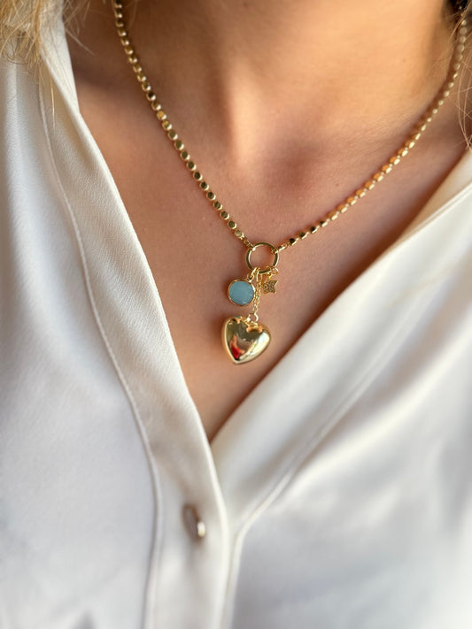 Kalp ve Yıldız Uçlu 14K Renk Pul Zincir Ezme Kolye