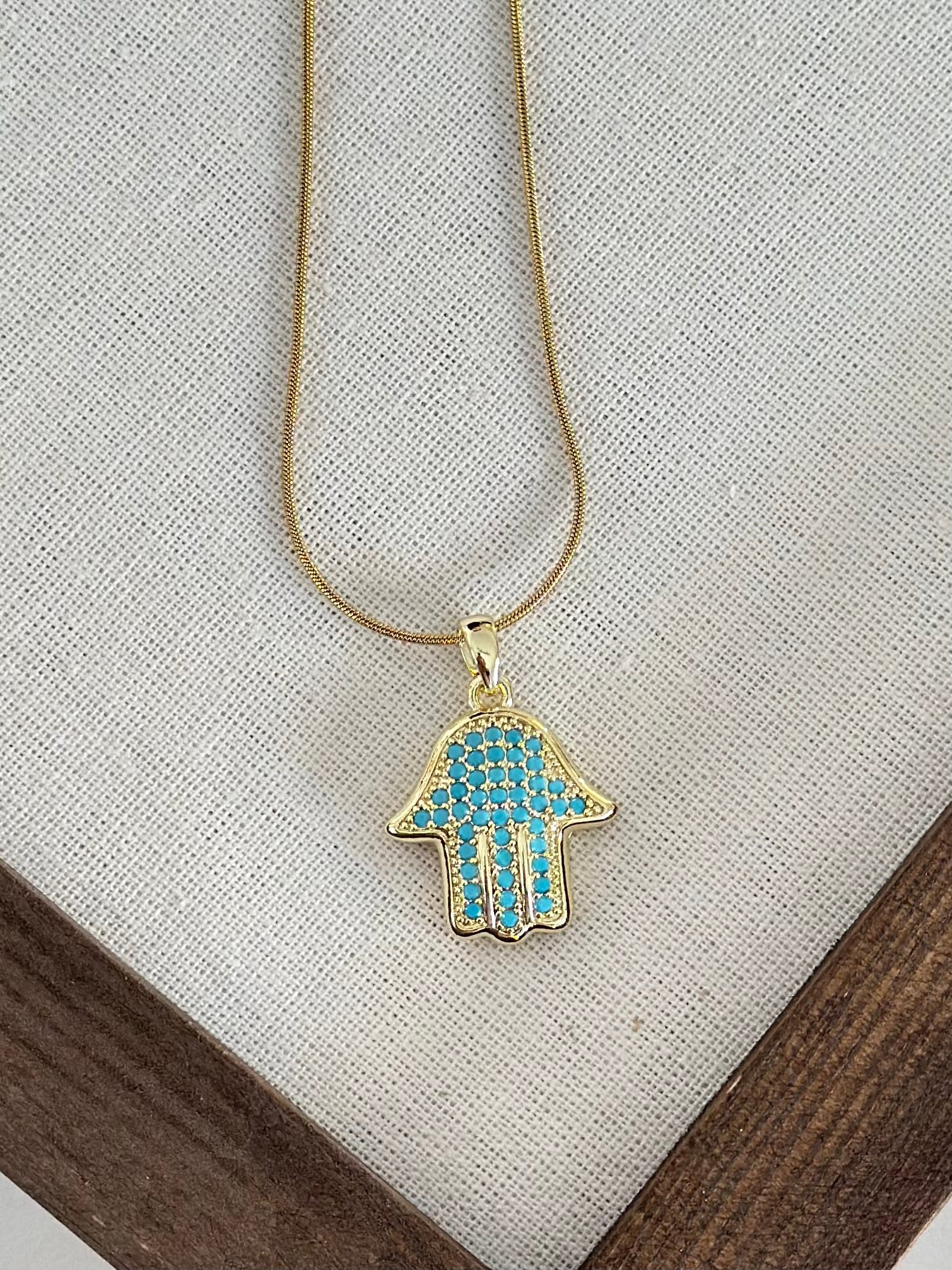 Mini Taşlı Turkuaz Hamsa Kolye