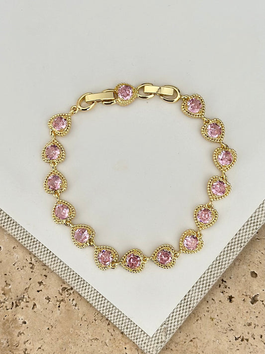 Pembe Taşlı Gold Kalp Bileklik