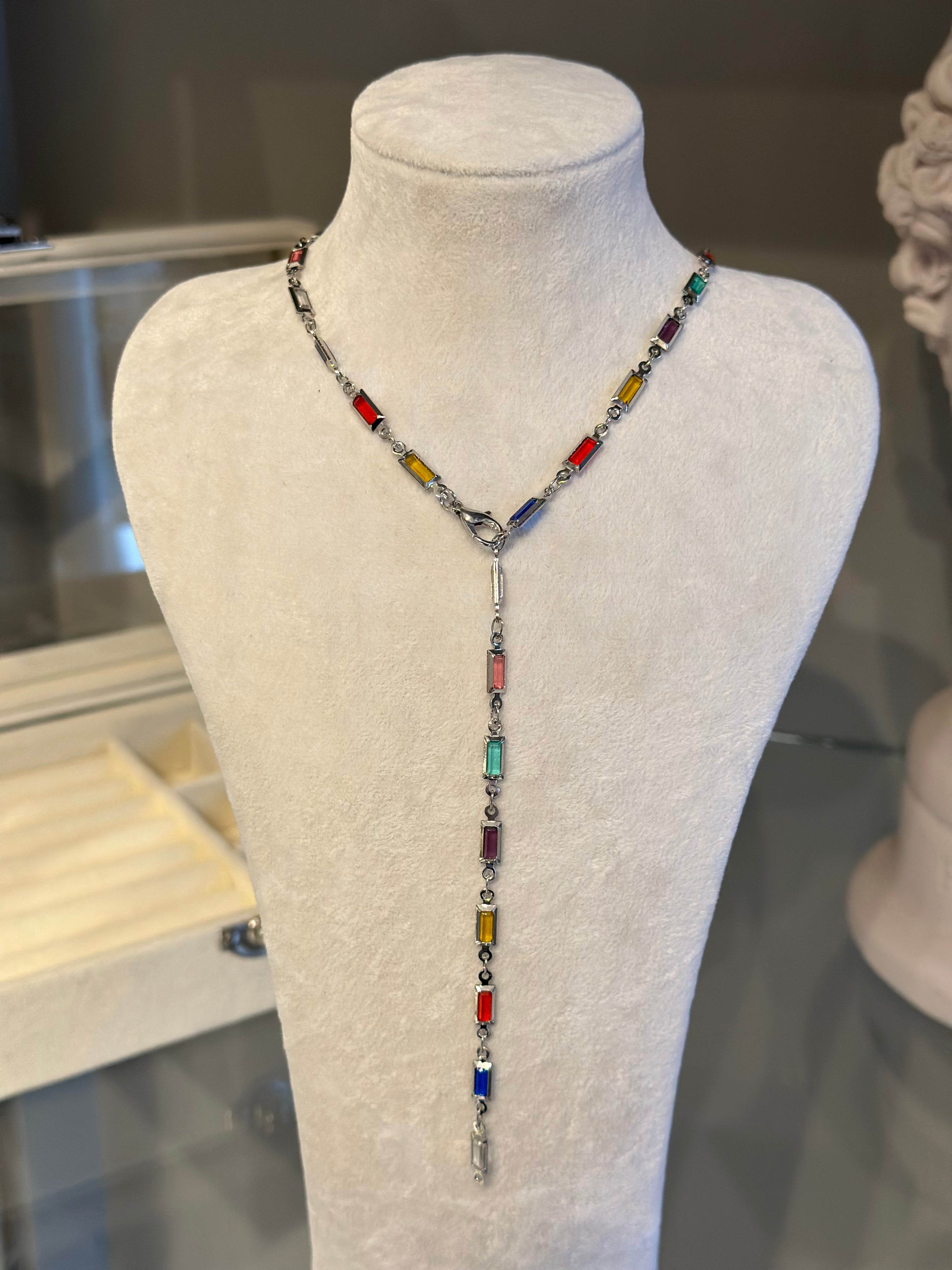 Renkli Dikdörtgen Y Dekolte Kolye