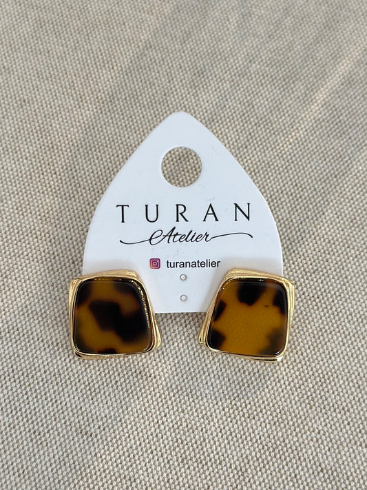 Asimetrik Kare Model Kahve Leopar Küpe