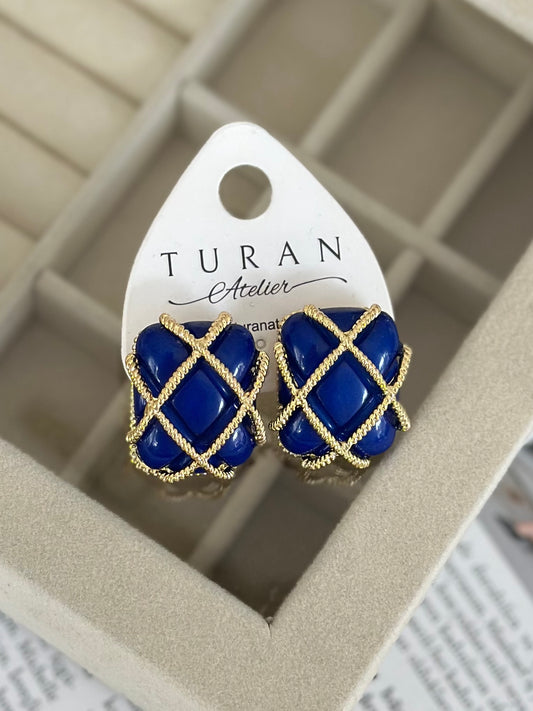 Gold Çizgi Detay Lacivert Küpe