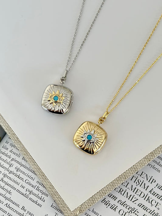 Açılır Kapaklı Mavi Göz Kare Form Kolye