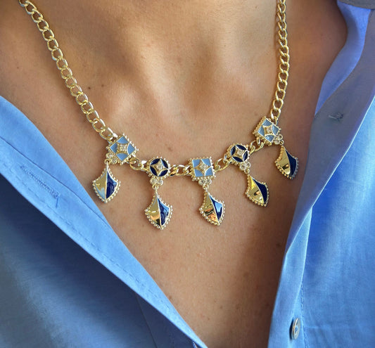 Mavi Lacivert Gold Tasarım Kolye