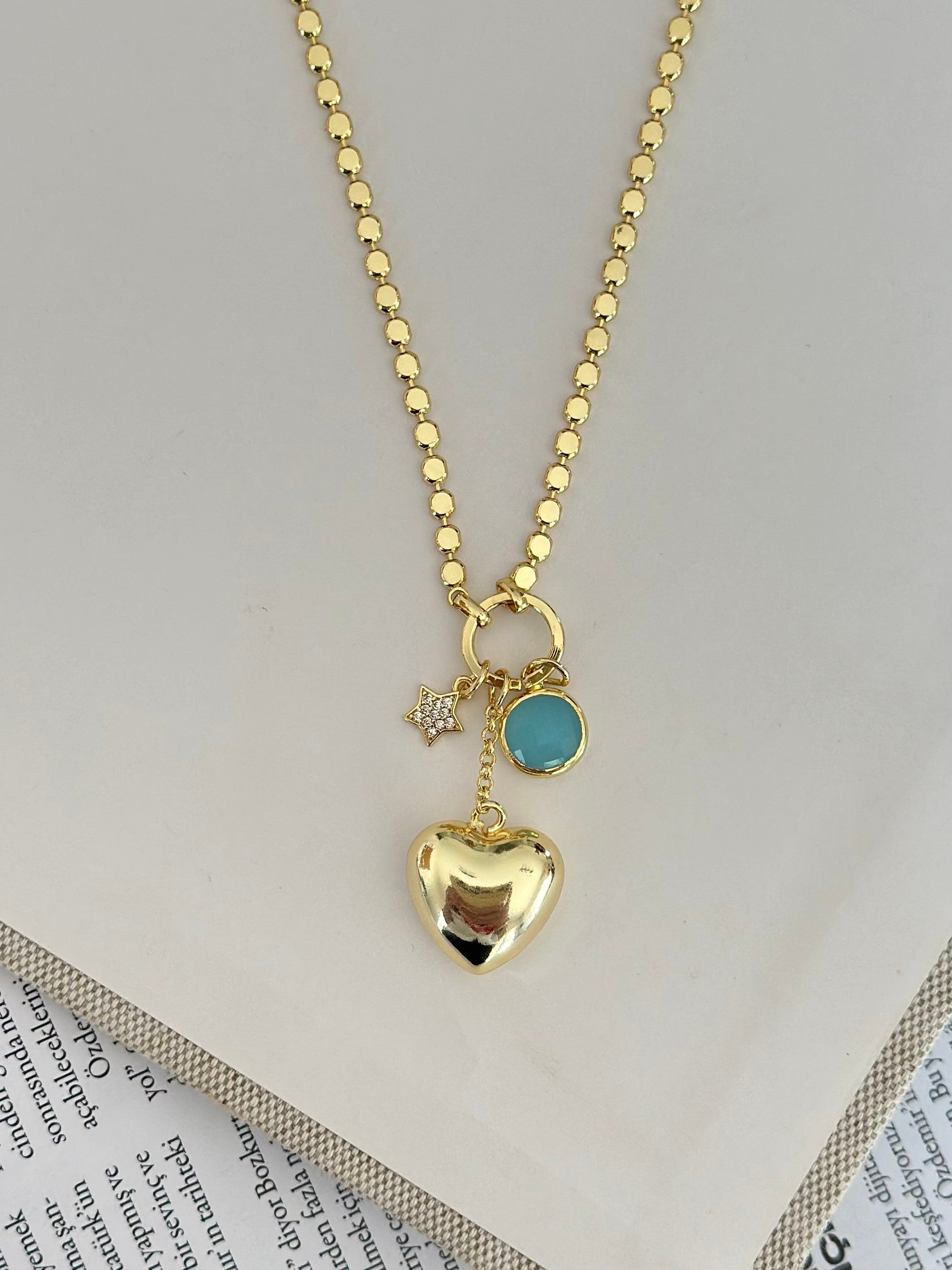 Kalp ve Yıldız Uçlu 14K Renk Pul Zincir Ezme Kolye