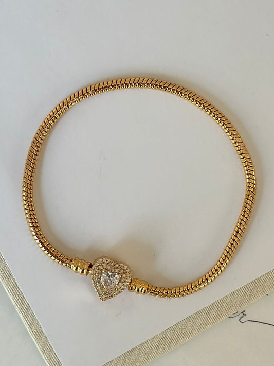 Taşlı Kalp Charm Bileklik / Bronz Gold