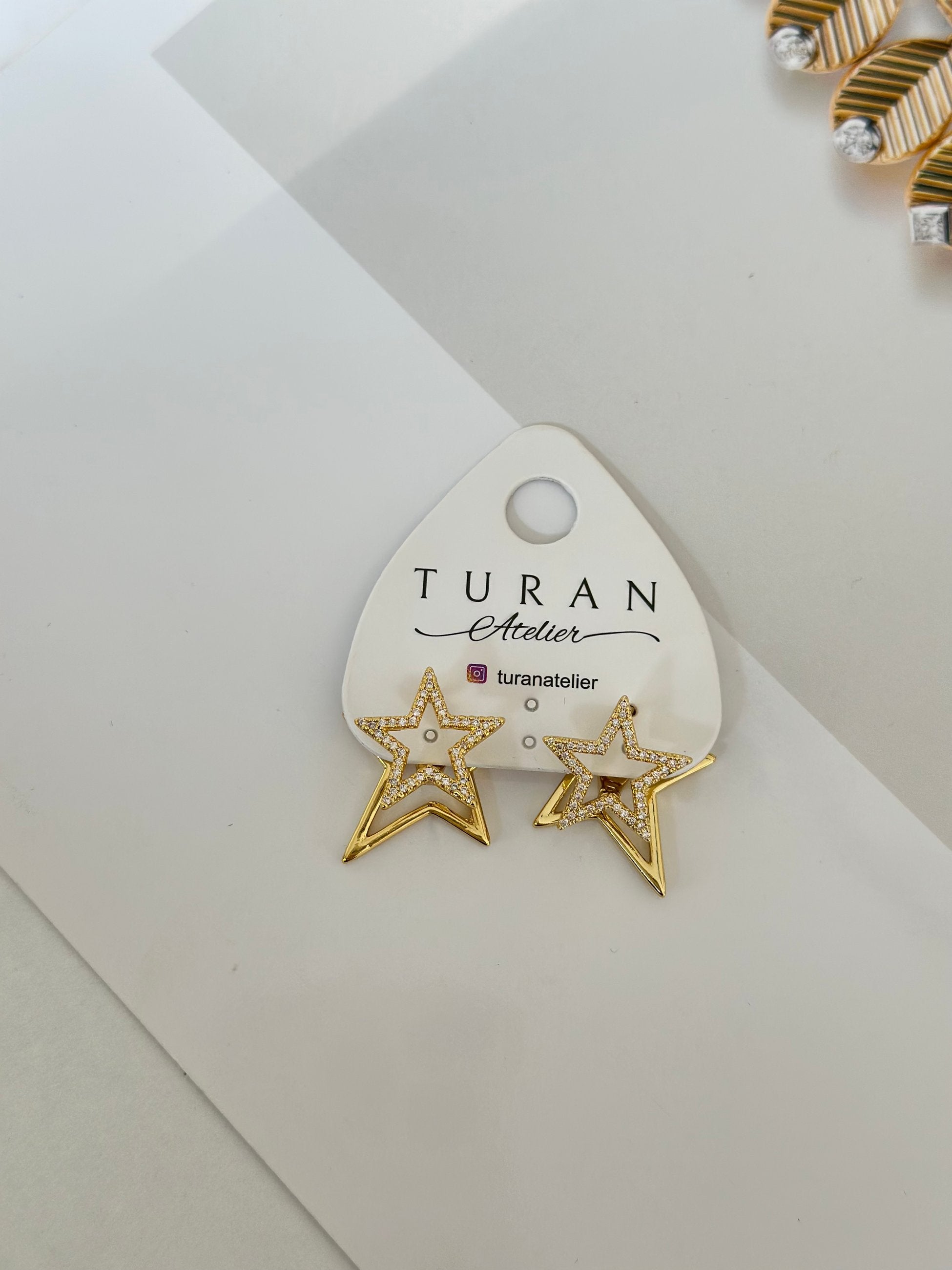 Özel Tasarım Taşlı Gold İkiz Yıldız Küpe