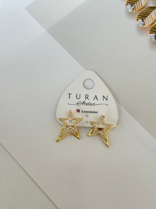 Özel Tasarım Taşlı Gold İkiz Yıldız Küpe