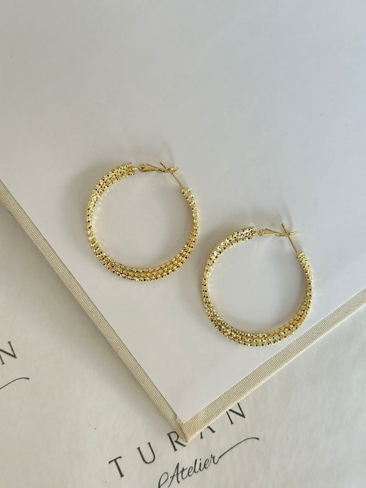 3 Şerit Tırtıklı Halka Küpe (14K Renk)
