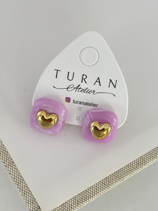 Gold  Kalp Detay Lila Küpe