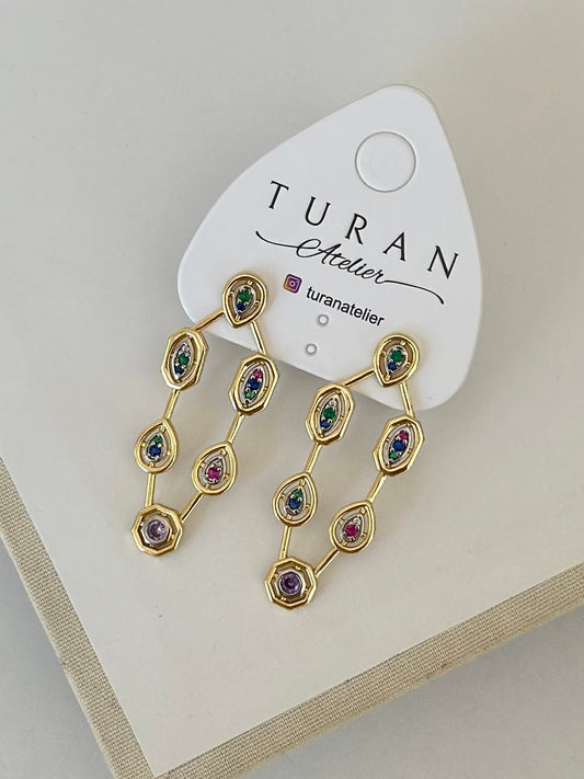 Çift Sıra Elips MG Tasarım Renkli Küpe