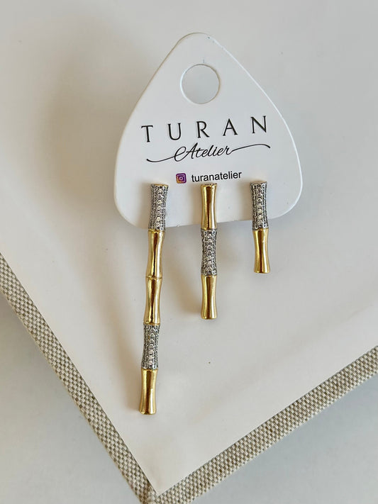 Taşlı Gold Kemik 3'lü Set Küpe