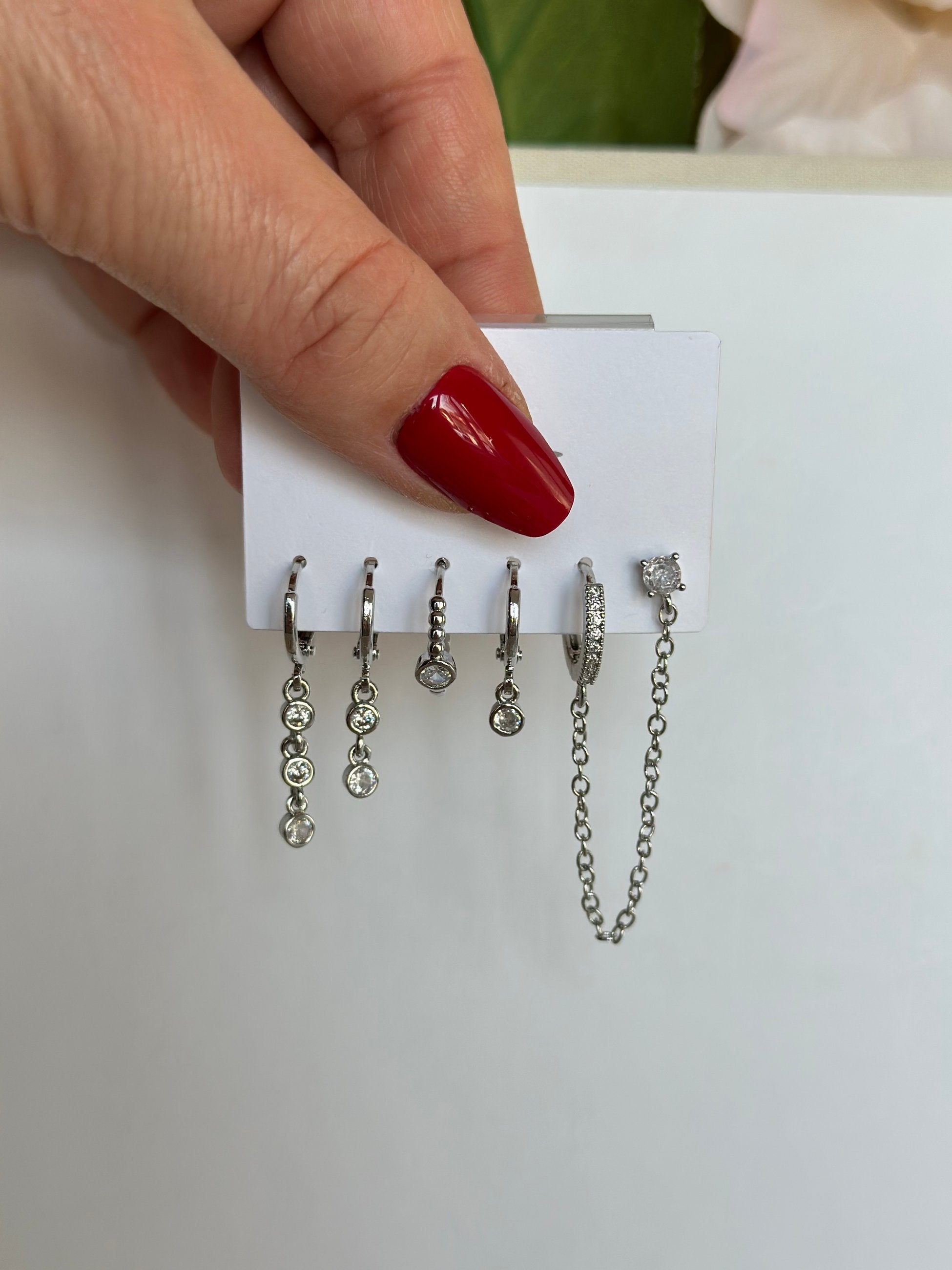 Mini Taşlı 6'lı Gümüş Renk kombin Küpe