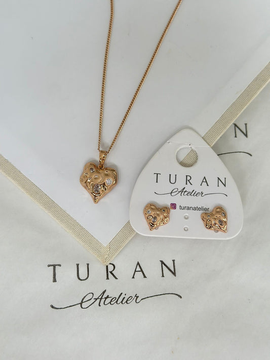 Bronz Gold Darbeli Kalp Kolye Set