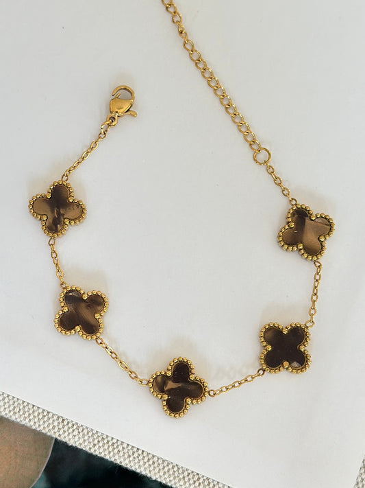 Gold Detay Kahverengi Sedefli Yonca Bileklik