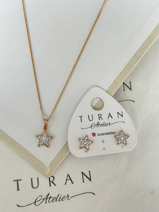 Zirkon Taşlı Bronz Gold Yıldız  Kolye Set