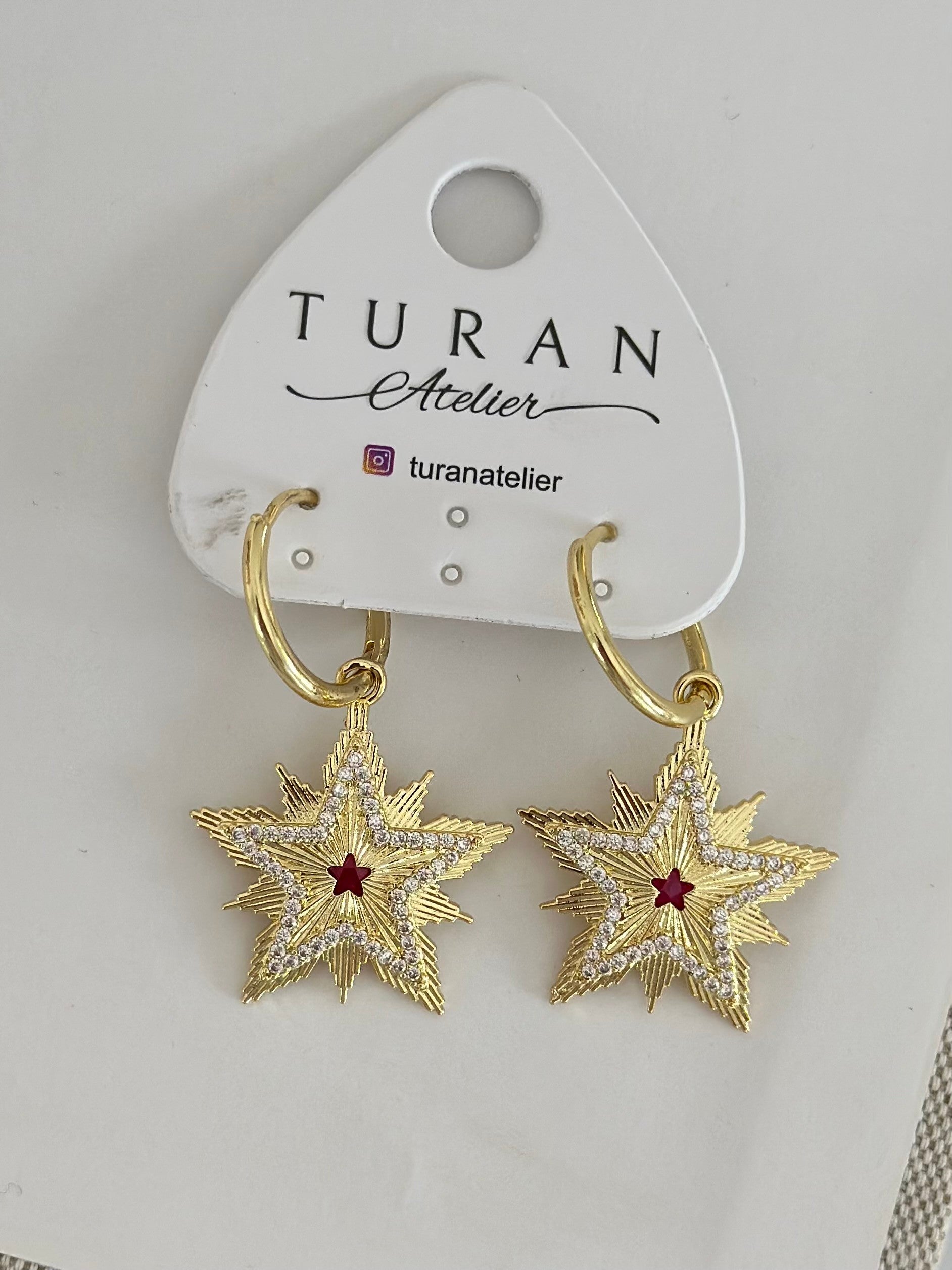 Pembe Yıldız Detaylı Çizgi Plaka Yıldız Küpe