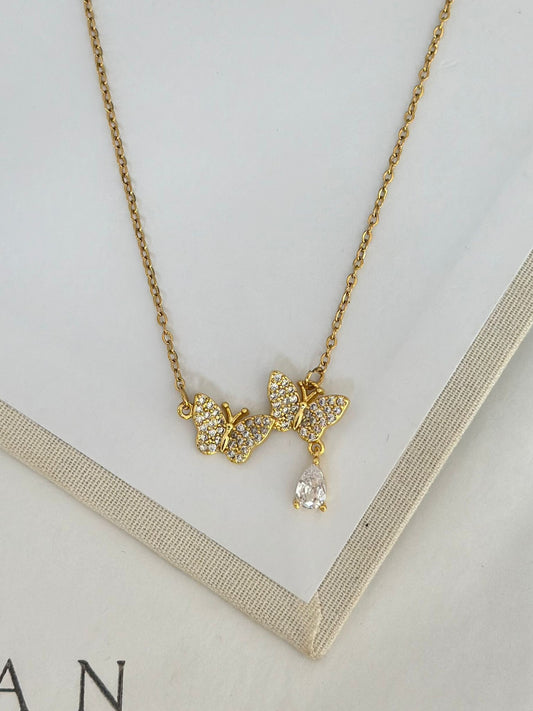 Damla Taşlı Çift Kelebek Kolye