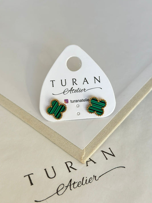 Gold Detay Yeşil Yonca Küpe