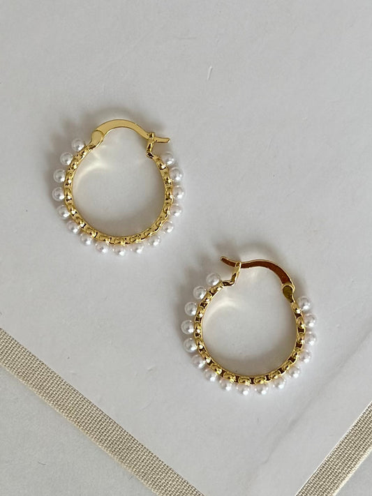 Mini İncili Gold Renk Halka Küpe