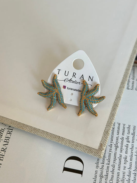 Mavi Taşlı Gold Deniz Yıldızı Küpe