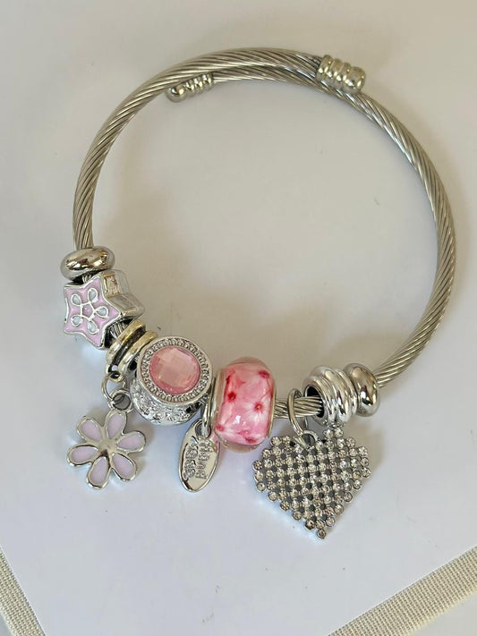 Çelik Charm Pan Bileklik / Çiçek Model