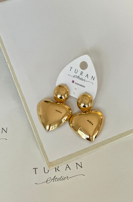 Büyük Bombeli Gold Renk Kalp Küpe