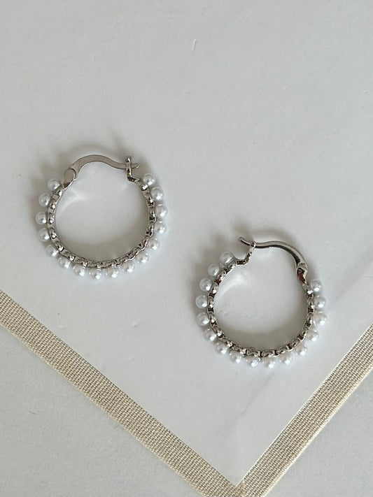 Mini İncili Gümüş Renk Halka Küpe